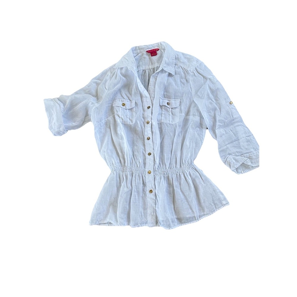 Sunny Leigh White Linen Button Down Peplum Size XL Roll Tab Sleeve Smocked Waist